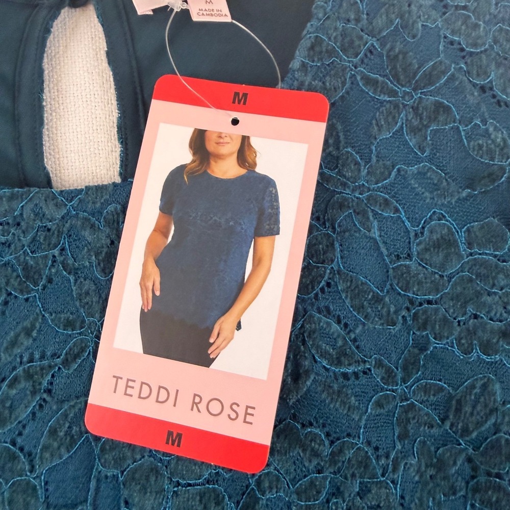Teddi Rose Womens Teal Blu Floral Lace Short Sleeve Scalloped Hem Top Size M NEW